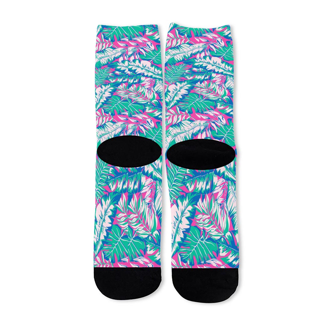 Teal Pink Blossom Tropical Pattern Print Long Socks