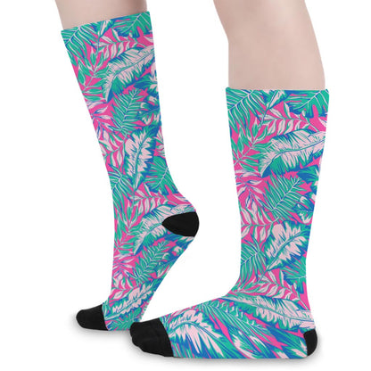 Teal Pink Blossom Tropical Pattern Print Long Socks