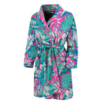 Teal Pink Blossom Tropical Pattern Print Men's Bathrobe