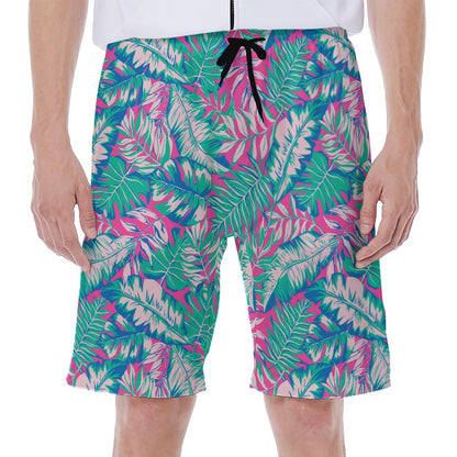 Teal Pink Blossom Tropical Pattern Print Men's Beach Shorts