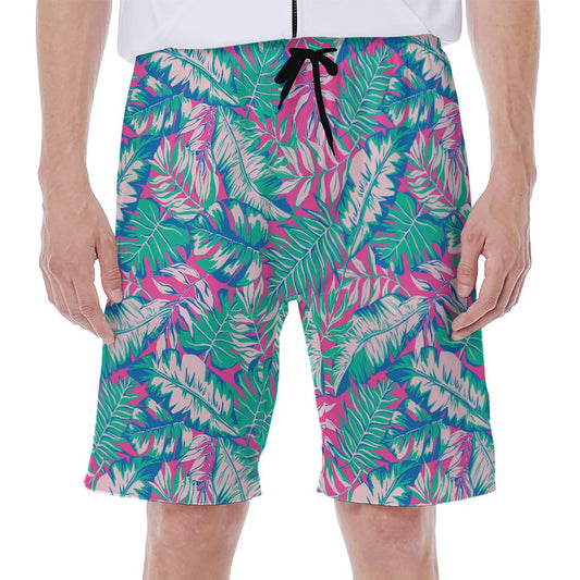 Teal Pink Blossom Tropical Pattern Print Men's Beach Shorts
