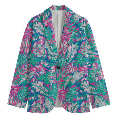 Teal Pink Blossom Tropical Pattern Print Men's Blazer