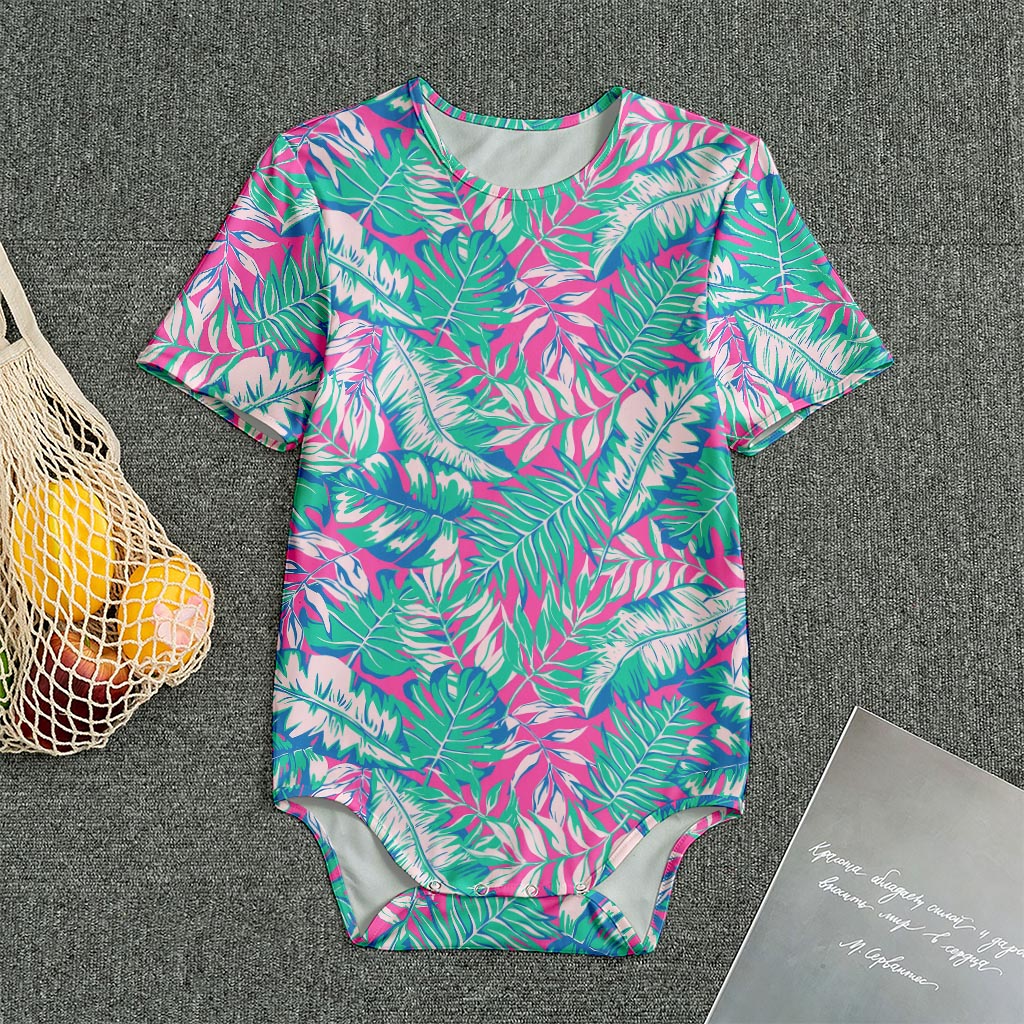 Teal Pink Blossom Tropical Pattern Print Men's Bodysuit