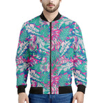 Teal Pink Blossom Tropical Pattern Print Men's Bomber Jacket
