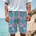 Teal Pink Blossom Tropical Pattern Print Men's Cargo Shorts