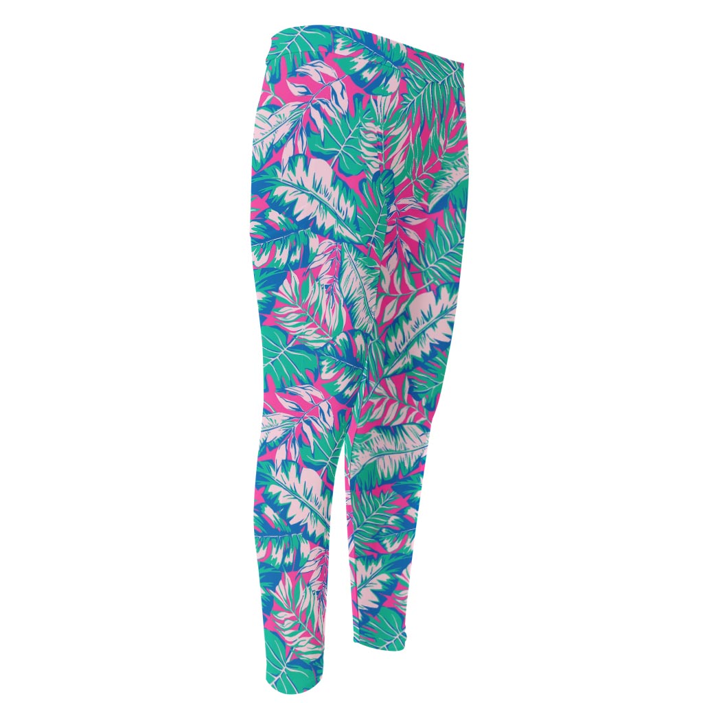 Teal Pink Blossom Tropical Pattern Print Men's Compression Pants