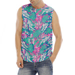 Teal Pink Blossom Tropical Pattern Print Men's Fitness Tank Top