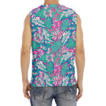 Teal Pink Blossom Tropical Pattern Print Men's Fitness Tank Top