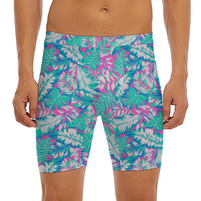 Teal Pink Blossom Tropical Pattern Print Men's Long Boxer Briefs