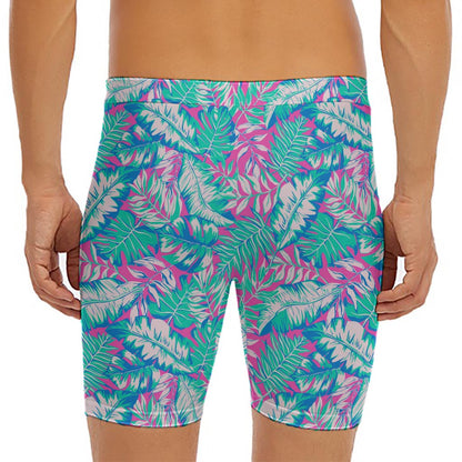 Teal Pink Blossom Tropical Pattern Print Men's Long Boxer Briefs