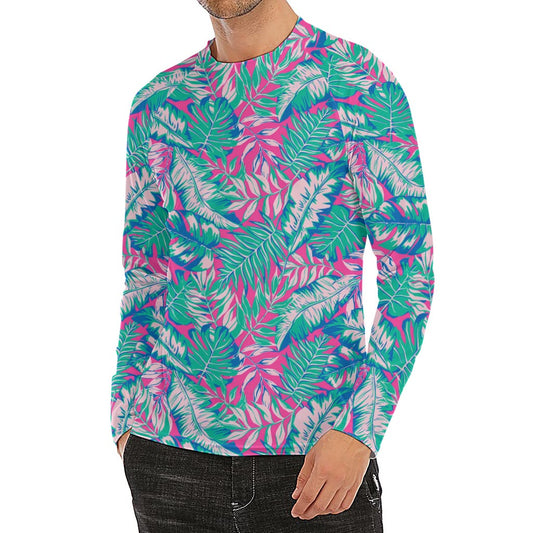 Teal Pink Blossom Tropical Pattern Print Men's Long Sleeve Rash Guard