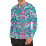 Teal Pink Blossom Tropical Pattern Print Men's Long Sleeve Rash Guard
