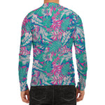 Teal Pink Blossom Tropical Pattern Print Men's Long Sleeve Rash Guard