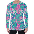 Teal Pink Blossom Tropical Pattern Print Men's Long Sleeve T-Shirt