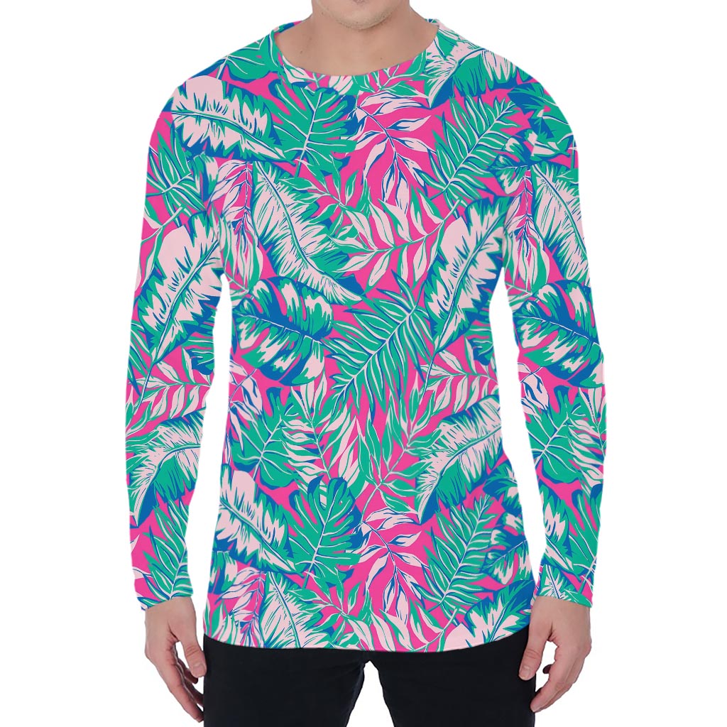 Teal Pink Blossom Tropical Pattern Print Men's Long Sleeve T-Shirt