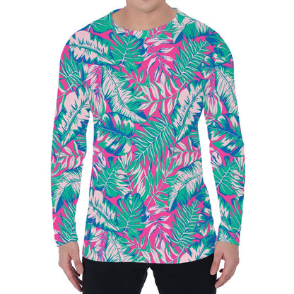 Teal Pink Blossom Tropical Pattern Print Men's Long Sleeve T-Shirt
