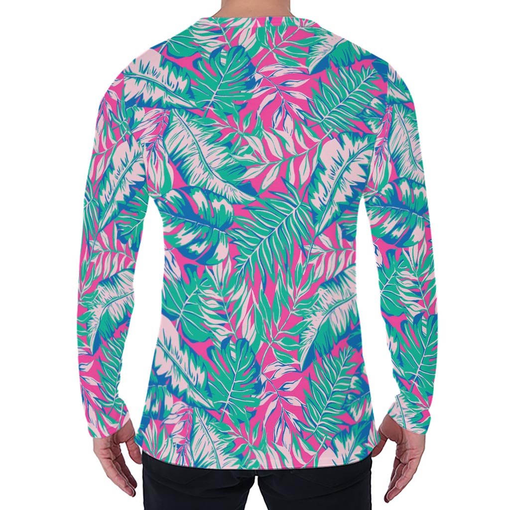 Teal Pink Blossom Tropical Pattern Print Men's Long Sleeve T-Shirt