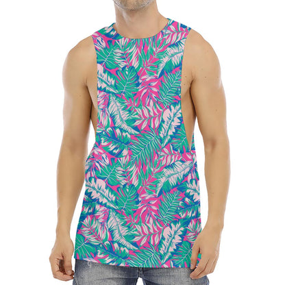 Teal Pink Blossom Tropical Pattern Print Men's Muscle Tank Top