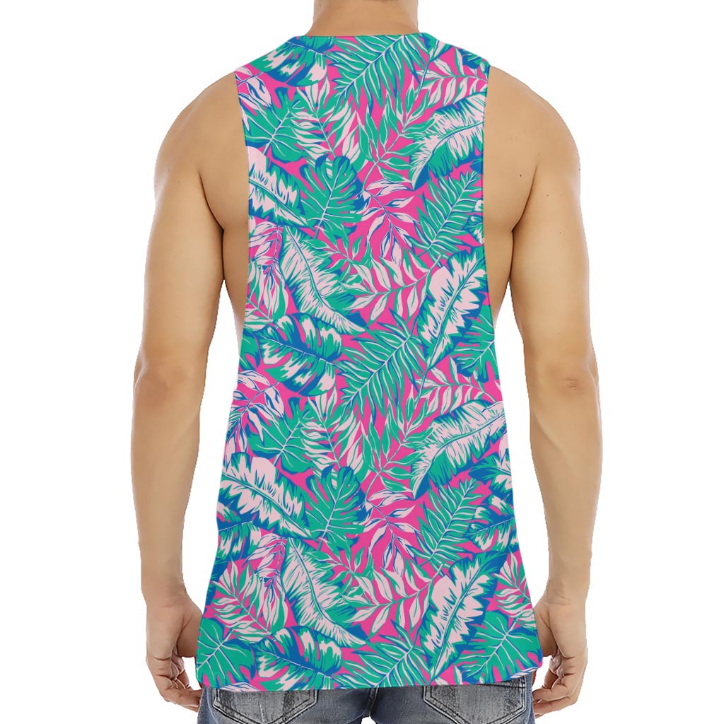 Teal Pink Blossom Tropical Pattern Print Men's Muscle Tank Top