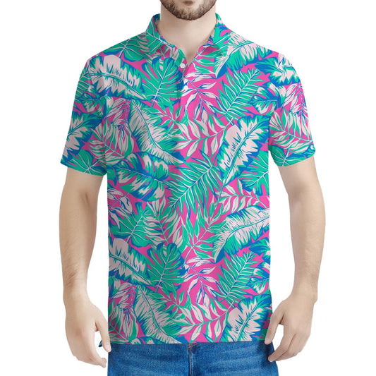 Teal Pink Blossom Tropical Pattern Print Men's Polo Shirt
