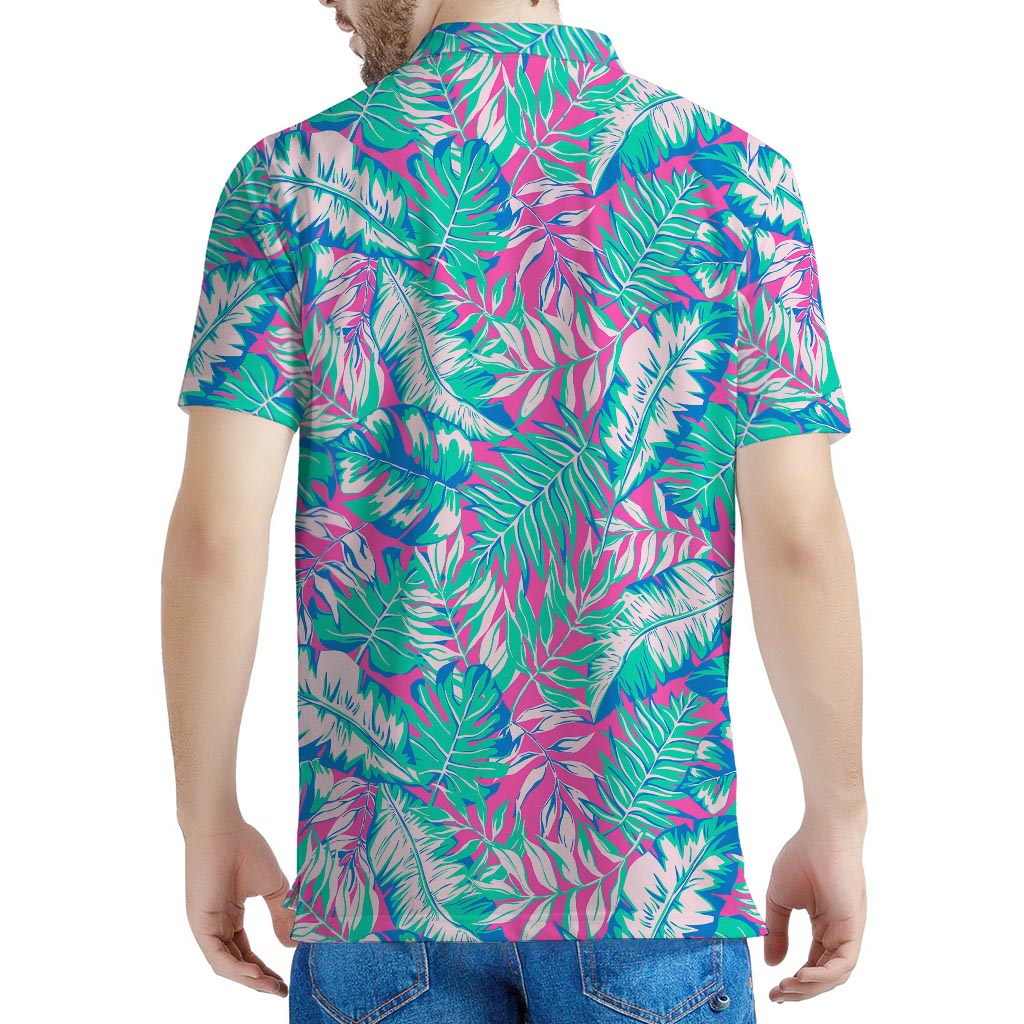 Teal Pink Blossom Tropical Pattern Print Men's Polo Shirt