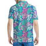 Teal Pink Blossom Tropical Pattern Print Men's Polo Shirt