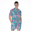 Teal Pink Blossom Tropical Pattern Print Men's Romper