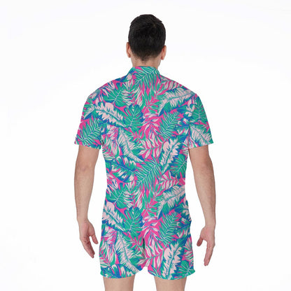 Teal Pink Blossom Tropical Pattern Print Men's Rompers