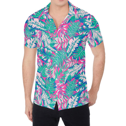 Teal Pink Blossom Tropical Pattern Print Men's Shirt