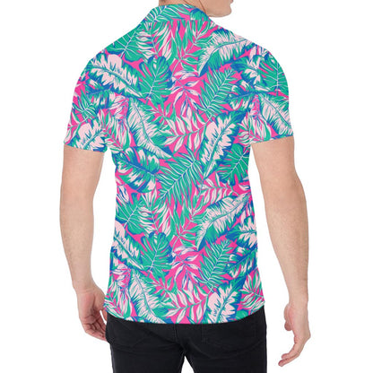 Teal Pink Blossom Tropical Pattern Print Men's Shirt