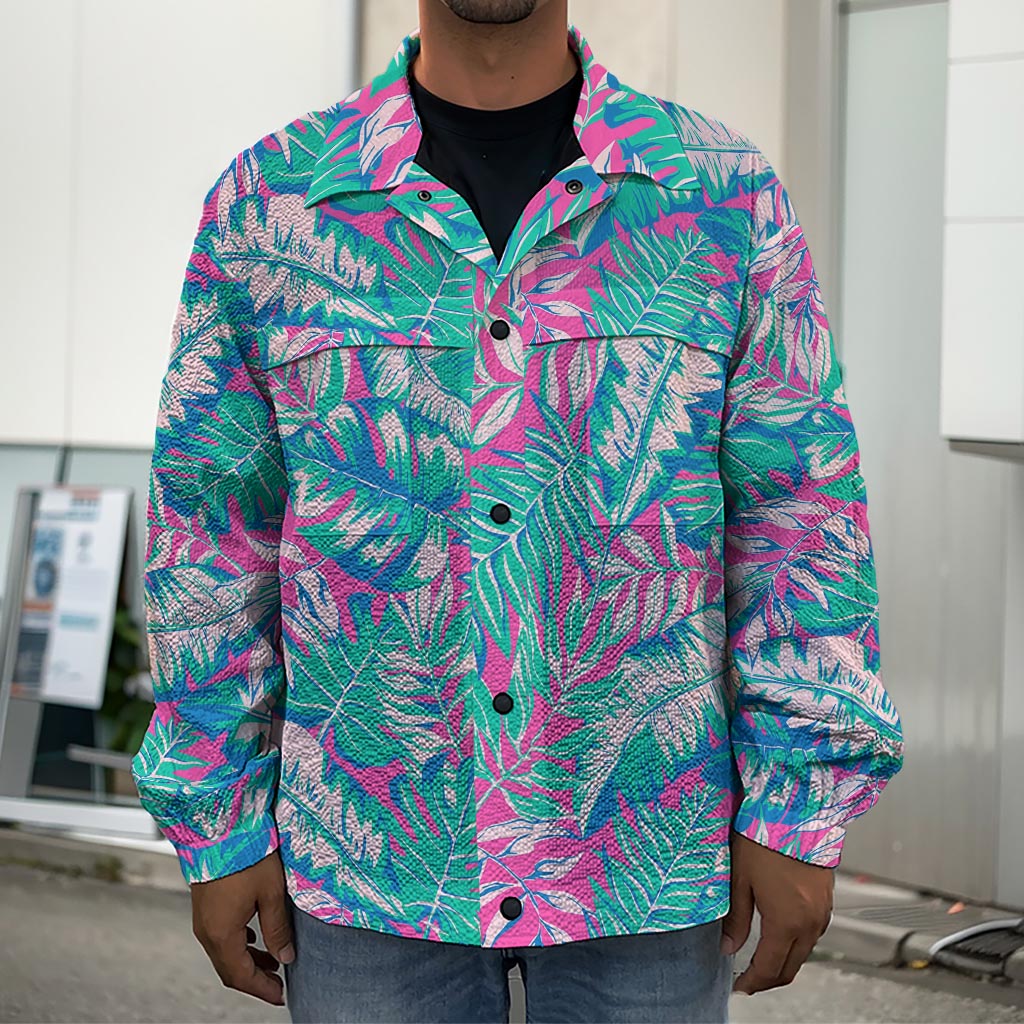 Teal Pink Blossom Tropical Pattern Print Men's Shirt Jacket