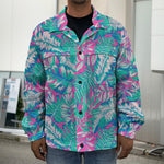 Teal Pink Blossom Tropical Pattern Print Men's Shirt Jacket
