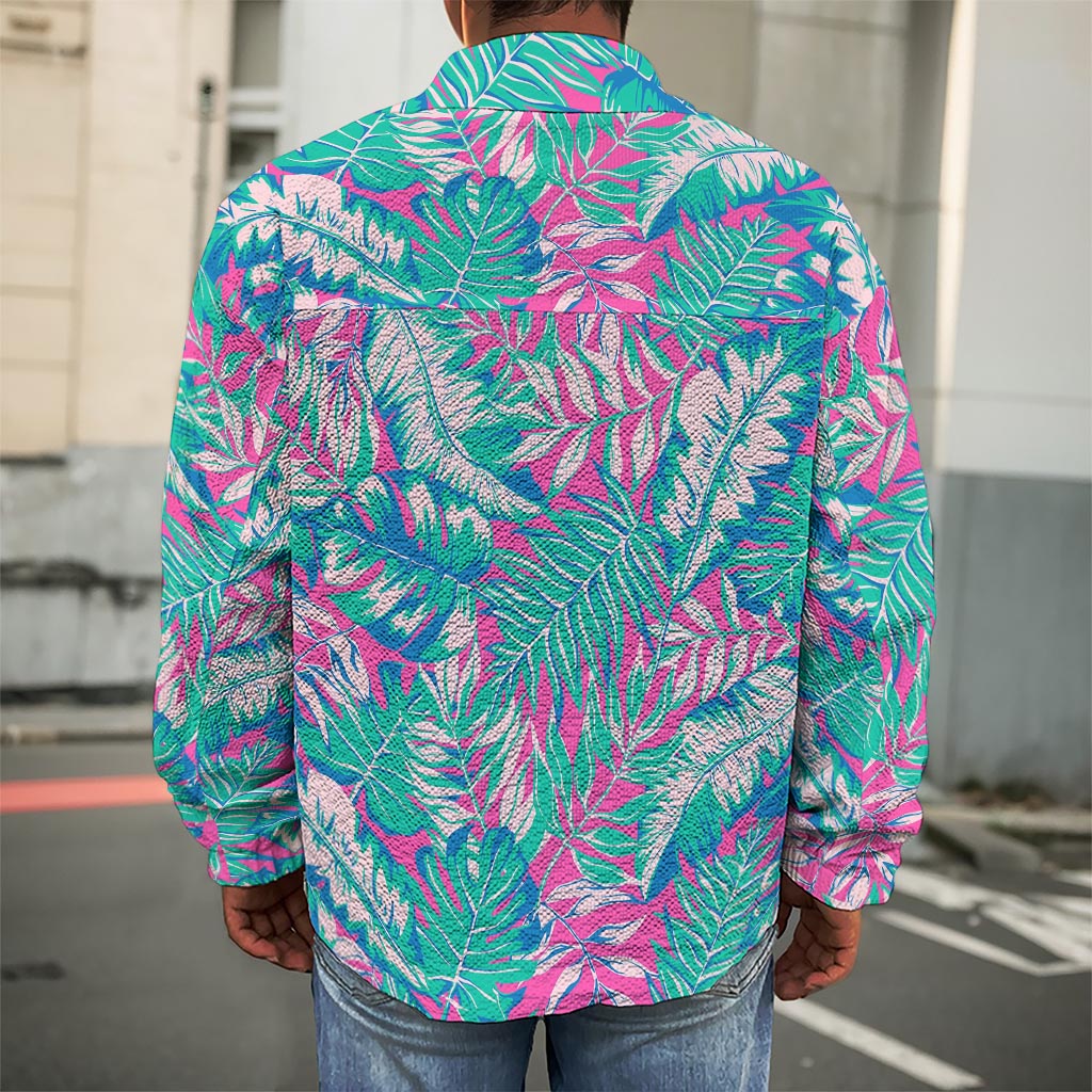 Teal Pink Blossom Tropical Pattern Print Men's Shirt Jacket