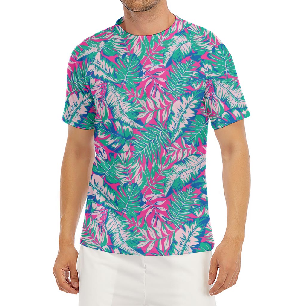 Teal Pink Blossom Tropical Pattern Print Men's Short Sleeve Rash Guard