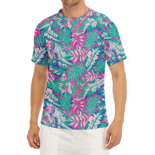 Teal Pink Blossom Tropical Pattern Print Men's Short Sleeve Rash Guard
