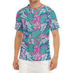 Teal Pink Blossom Tropical Pattern Print Men's Short Sleeve Rash Guard