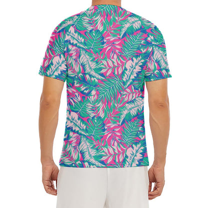 Teal Pink Blossom Tropical Pattern Print Men's Short Sleeve Rash Guard