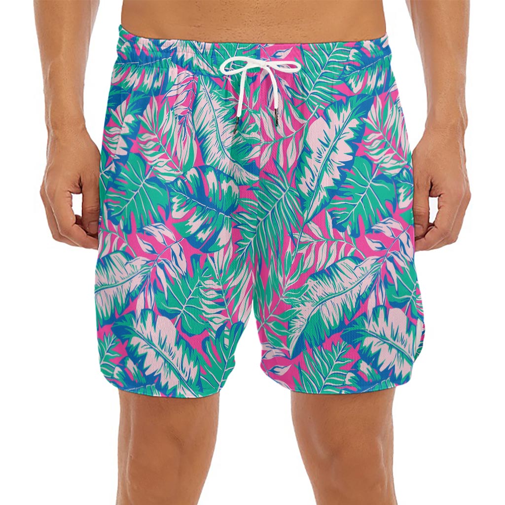 Teal Pink Blossom Tropical Pattern Print Men's Split Running Shorts