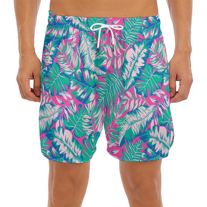 Teal Pink Blossom Tropical Pattern Print Men's Split Running Shorts