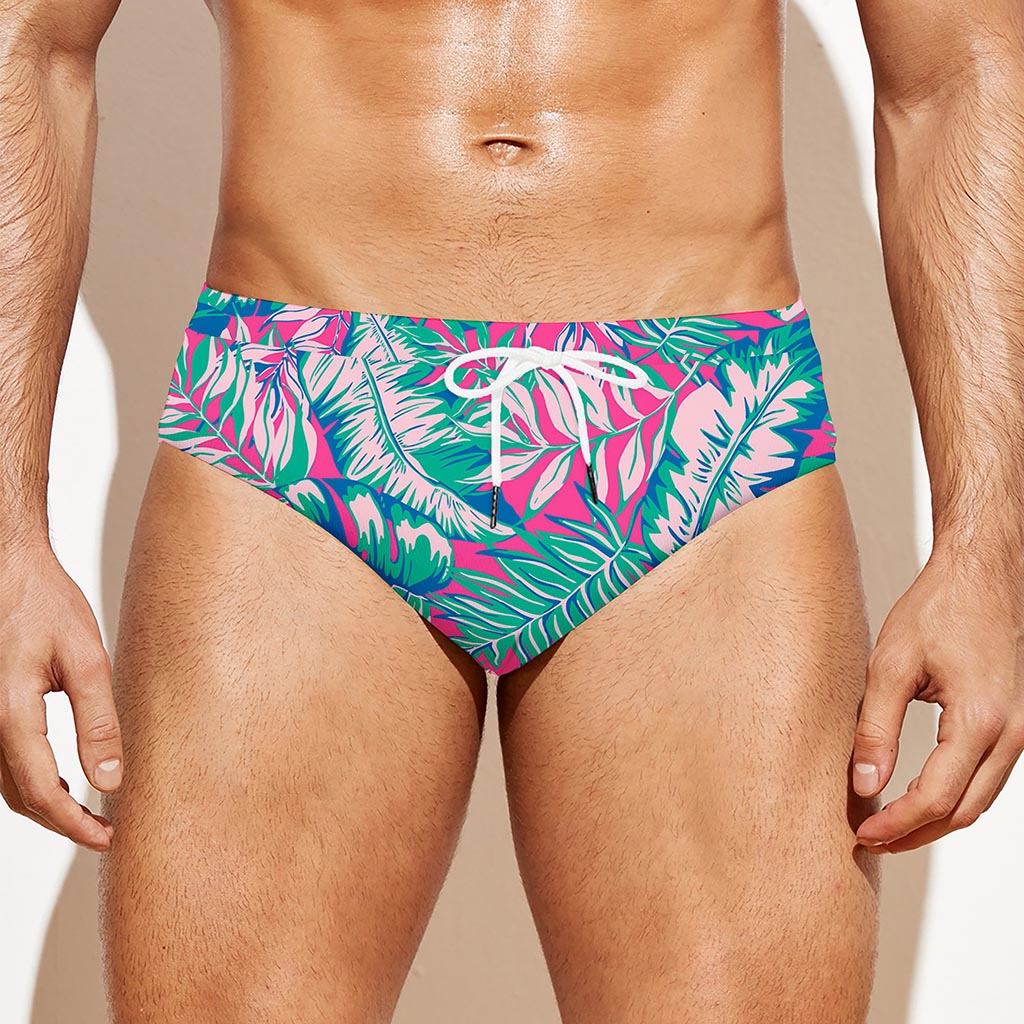 Teal Pink Blossom Tropical Pattern Print Men's Swim Briefs