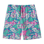 Teal Pink Blossom Tropical Pattern Print Men's Swim Trunks