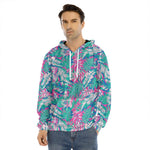 Teal Pink Blossom Tropical Pattern Print Men's Velvet Pullover Hoodie