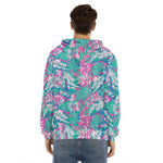 Teal Pink Blossom Tropical Pattern Print Men's Velvet Pullover Hoodie