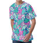 Teal Pink Blossom Tropical Pattern Print Men's Velvet T-Shirt