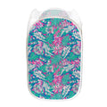 Teal Pink Blossom Tropical Pattern Print Mesh Laundry Hamper