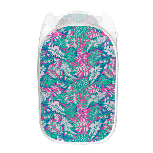 Teal Pink Blossom Tropical Pattern Print Mesh Laundry Hamper