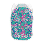 Teal Pink Blossom Tropical Pattern Print Mesh Laundry Hamper