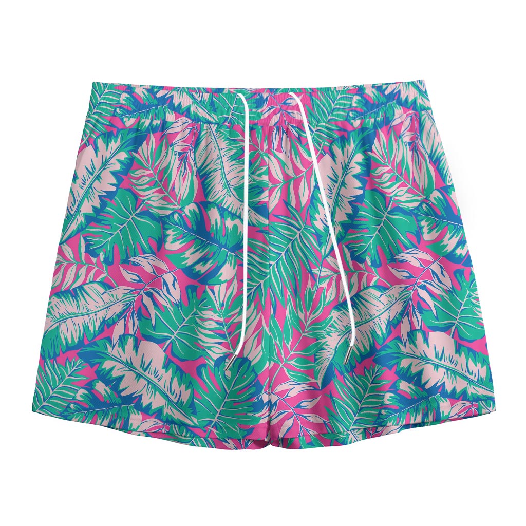 Teal Pink Blossom Tropical Pattern Print Mesh Shorts