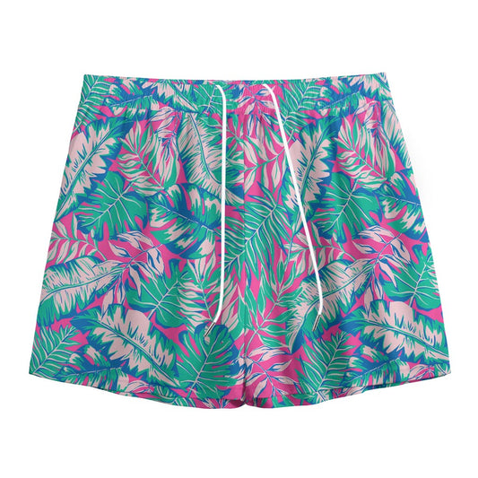Teal Pink Blossom Tropical Pattern Print Mesh Shorts