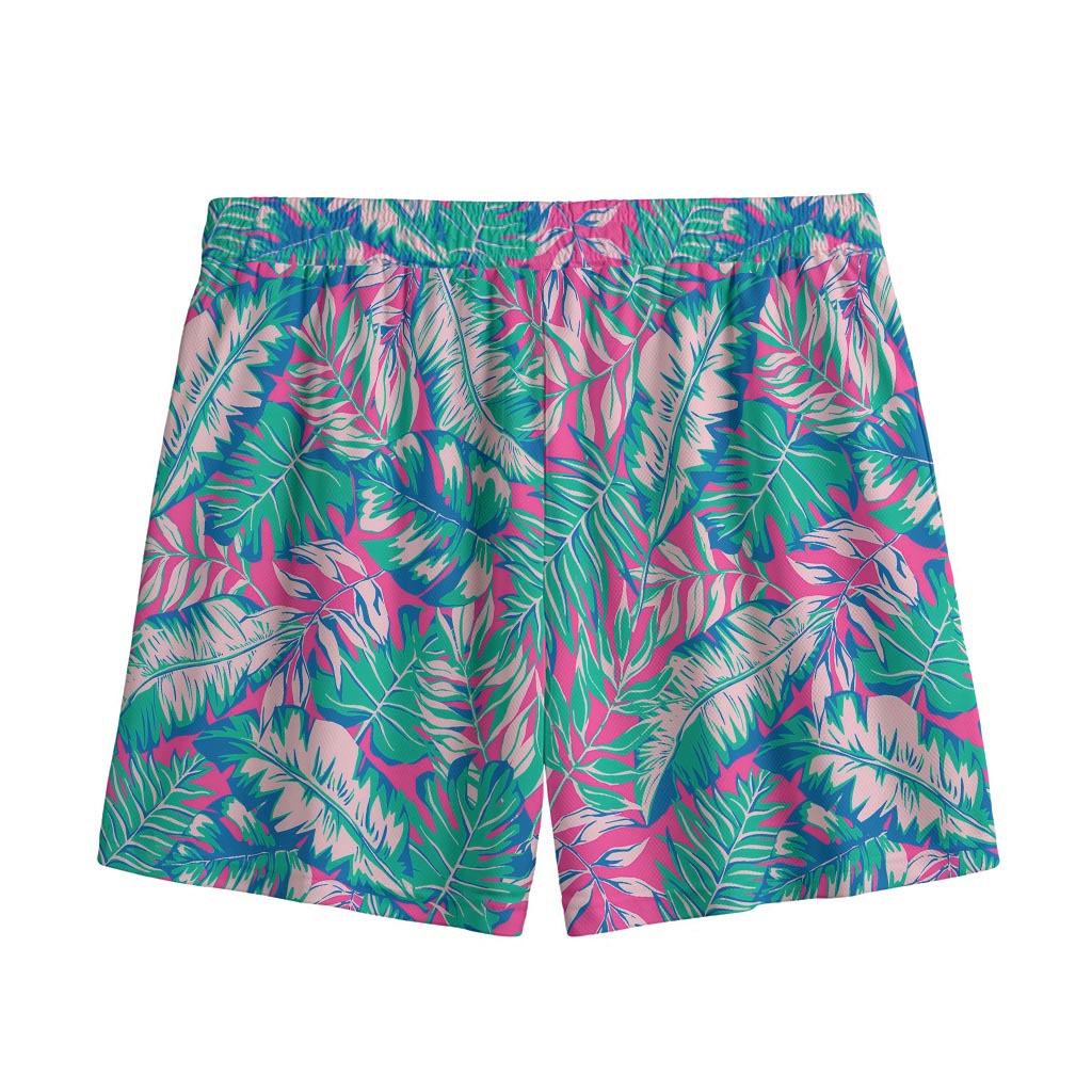 Teal Pink Blossom Tropical Pattern Print Mesh Shorts